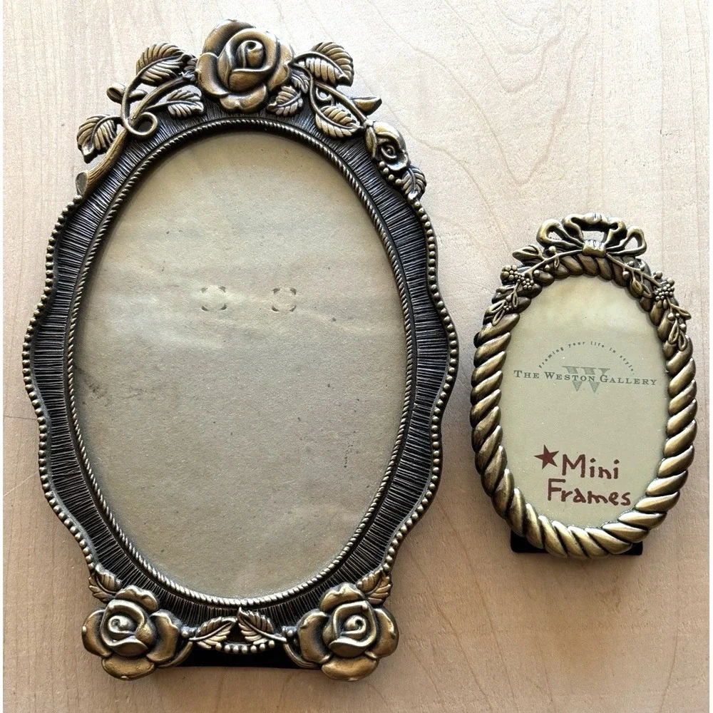 Lovely Vtg Weston Gallery Metal Frame LOT of 2 Oval Roses Floral 5 x 7 & 3 x 4